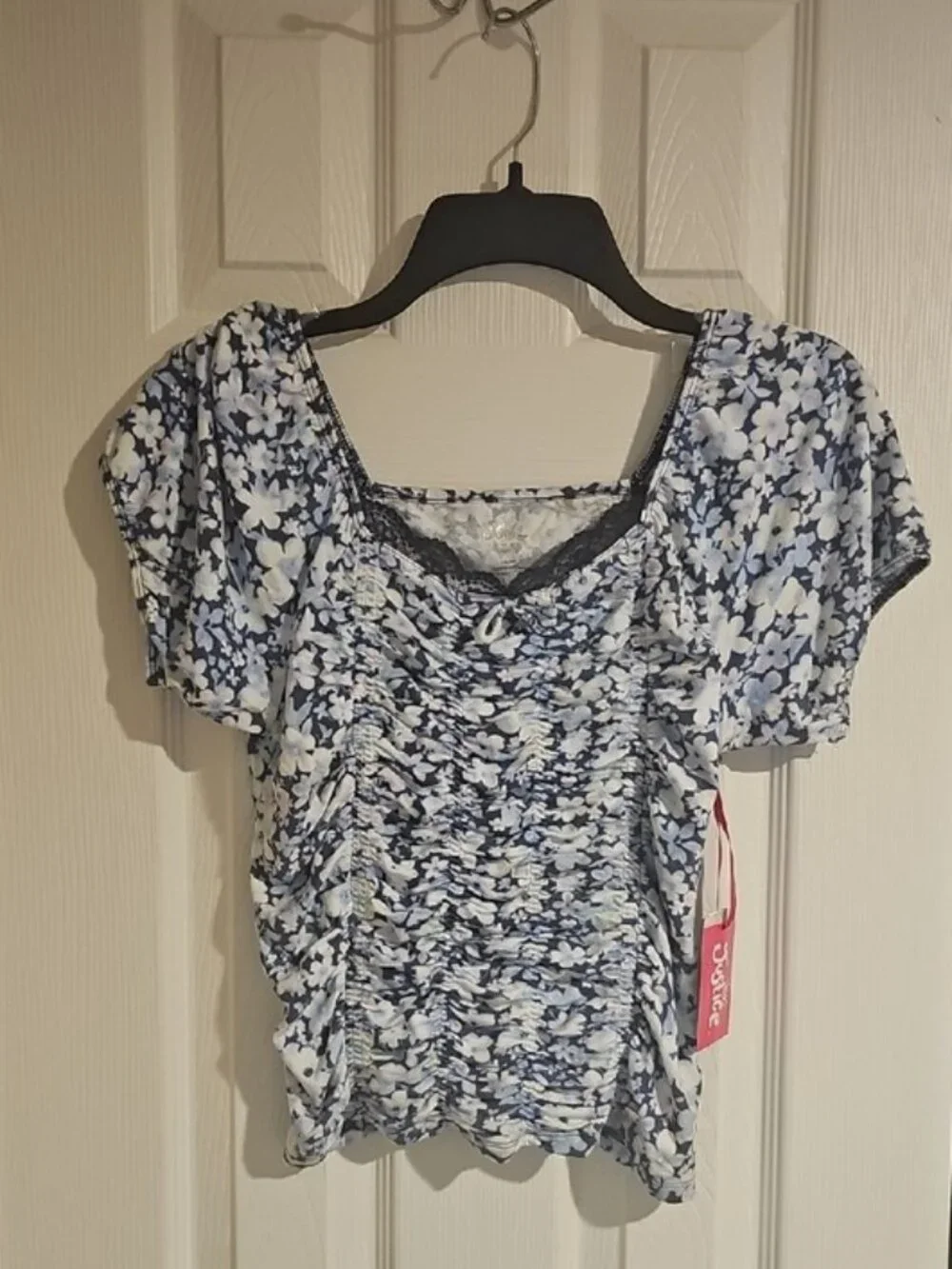 Justice Girls XL 16/18 Navy, White Floral Short Puff Sleeves Ruched Crop Top New